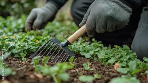 Hands cultivating garden soil with green plants and orange flowers in spring