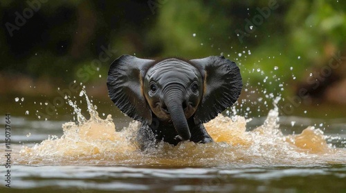 Young elephant splashes joyfully in river during sunny day surrounded by lush...