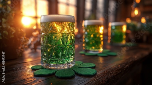 Bright green drinks on wooden table during sunset celebration in cozy venue