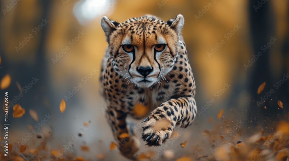 Cheetah sprinting through a forest in autumn, showcasing speed and agility in motion