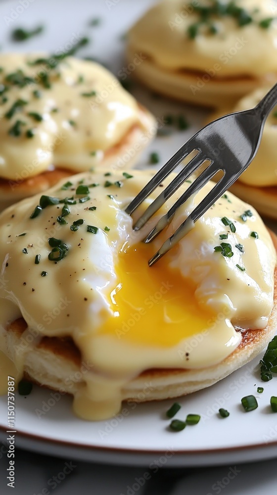 Delicious eggs benedict with creamy hollandaise sauce and chives. Delicious eggs benedict with creamy hollandaise sauce and chives.