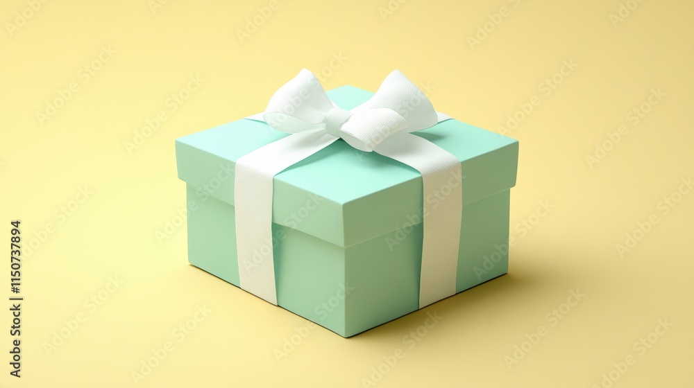 Pastel mint gift box with white ribbon on yellow background Pastel mint gift box with white ribbon on yellow background