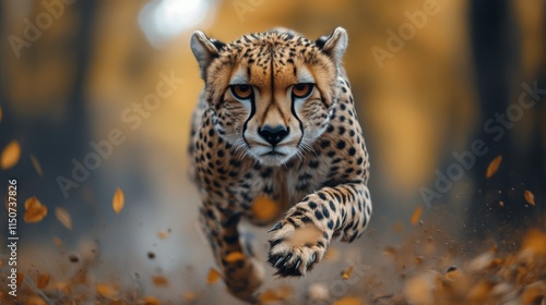 Obraz na płótnie Cheetah sprinting through a forest in autumn, showcasing speed and agility in motion w salonie