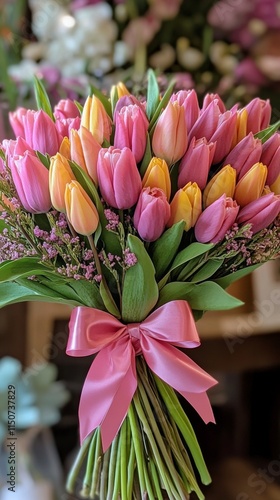 Colorful tulip bouquet with pink ribbon, perfect for celebrations and spring ...