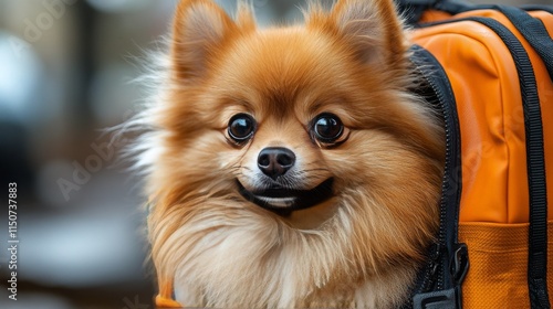 Pomeranian dog sitting calmly in a brown bag with a cozy indoor background