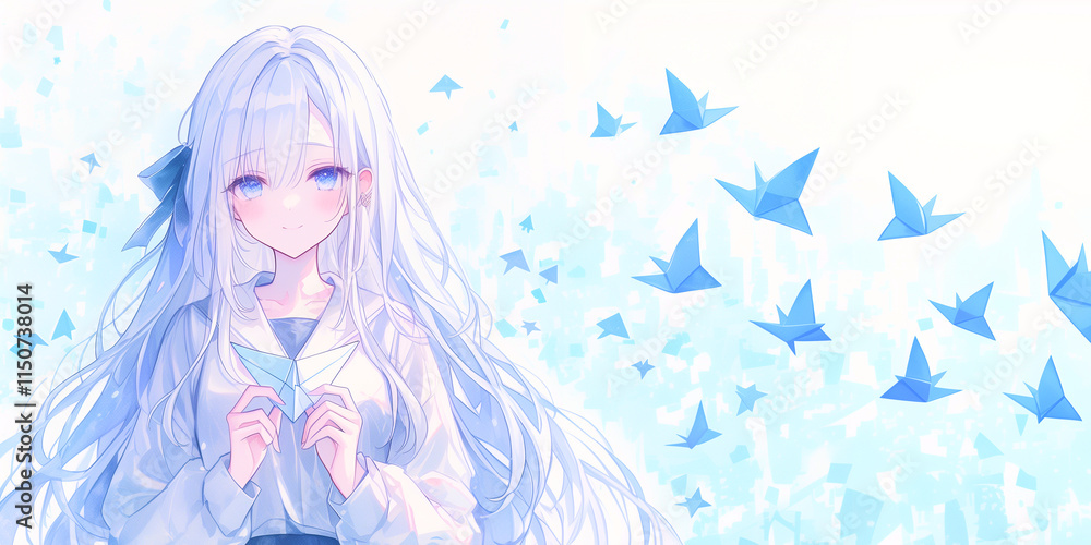 Obraz premium 折り紙が好きな少女。水彩画。イラスト。