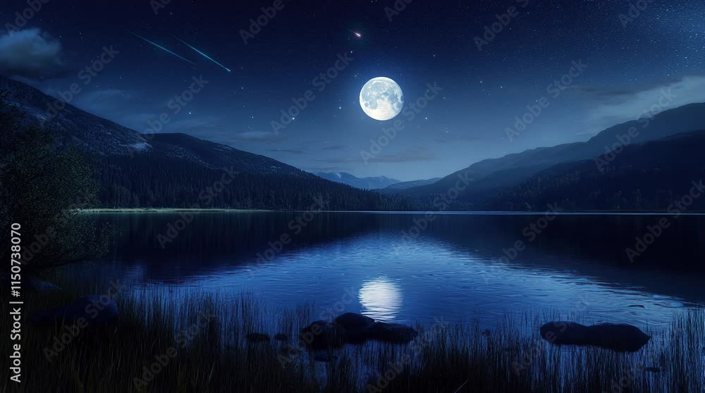 Quiet lake under a full moon with a serene nighttime ambiance and glowing reflections
Seamless looping 4k time-lapse virtual video animation Generated AI Quiet lake under a full moon with a serene nighttime ambiance and glowing reflections
Seamless looping 4k time-lapse virtual video animation Generated AI