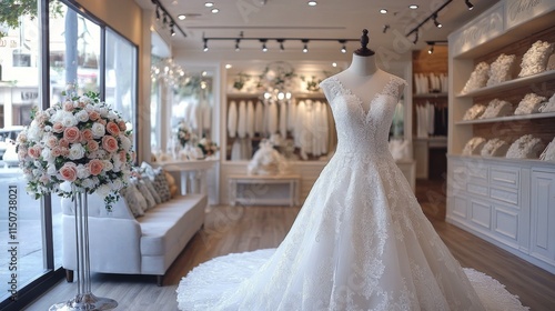 Bridal gown display in a boutique setting with intricate lace detailing