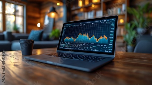 Data analysis and digital trends in a cozy workspace with warm lighting and c...