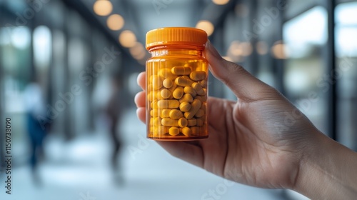 Prescription medication bottle held in a cozy living room with warm lighting