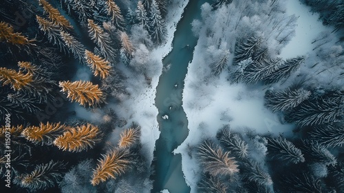 Forest around river in winter
 photo