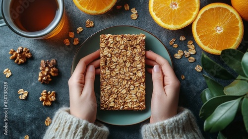 Healthy snack with oat bar, orange slices, and herbal tea on a rustic table