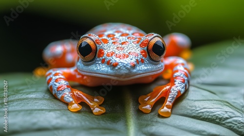 Colorful frog resting on a leaf in a lush tropical environment during daytime