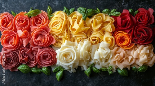 Creative pasta rose arrangement displayed on dark surface with green basil le...