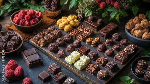 Assortment of artisanal chocolates arranged on a wooden surface with decorati...