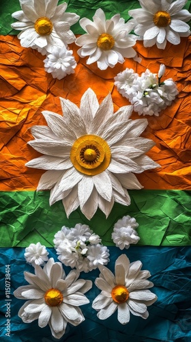 Bright floral arrangement on colorful textured background with paper flowers