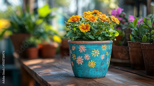 Colorful ceramic pots displayed on a rustic wooden table in an outdoor garden...