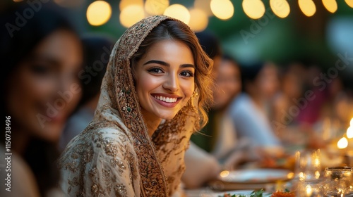Elegant celebration with smiling woman wearing traditional attire at a festiv...
