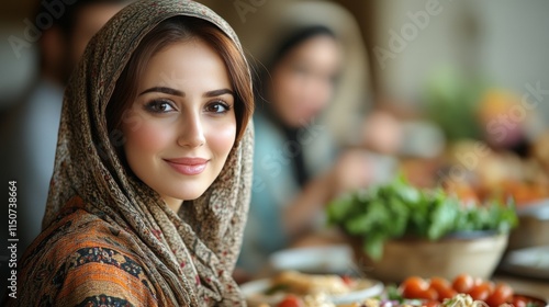 Group of friends enjoying a delicious meal together in a vibrant restaurant s...