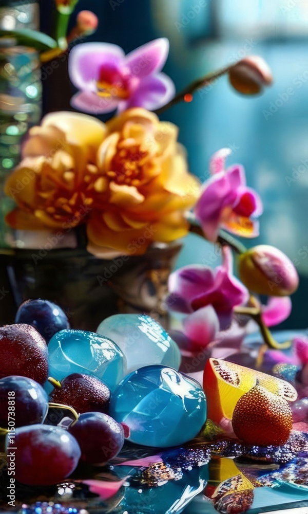 Vibrant composition featuring purple orchid, glass with ice cubes, yellow lemon, colorful spheres. Modern, fresh aesthetic ideal for beverage, wellness, floral themes. Bright, enticing colors. Vibrant composition featuring purple orchid, glass with ice cubes, yellow lemon, colorful spheres. Modern, fresh aesthetic ideal for beverage, wellness, floral themes. Bright, enticing colors.