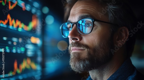 Reflective trader analyzing market trends in a modern financial environment a...