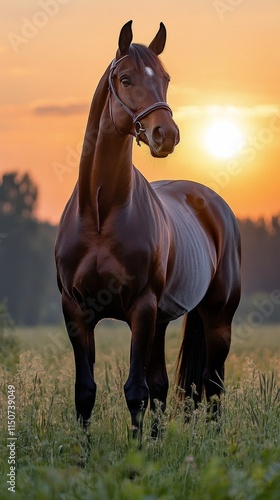 Horse stands gracefully in a golden field at sunset near a forest edge