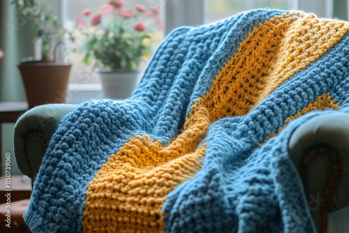 Cozy blue and yellow crocheted blanket draped over a vintage armchair in a wa...