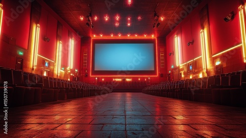 Vibrant interior of a modern cinematic venue with neon lighting and empty seats