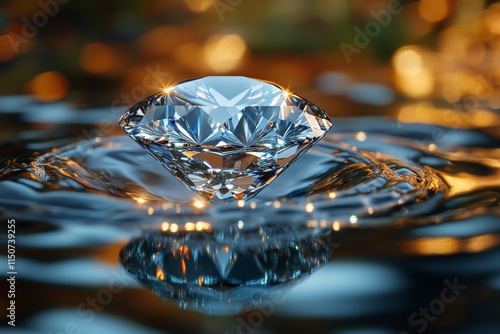Brilliant diamond reflects light and sparkles on water surface