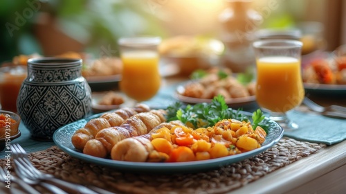 Festive gathering with traditional treats and drinks displayed under warm lan...