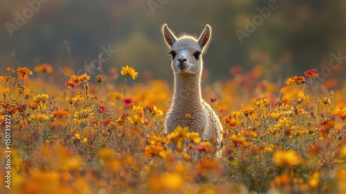 Cute baby alpaca standing in a field of flowers during sunset with warm light