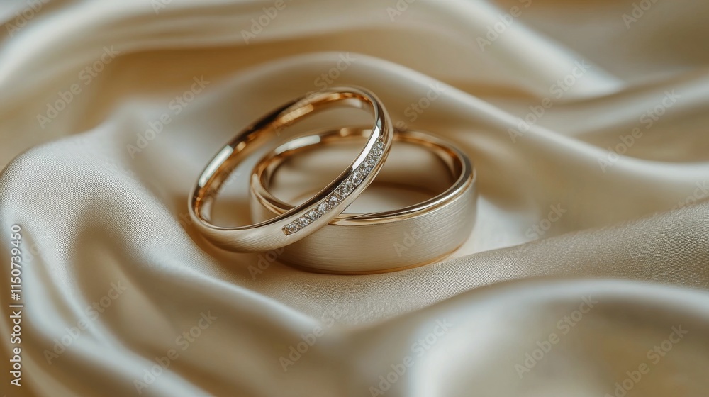 Gold wedding rings resting on shimmering fabric with soft lighting enhancing their beauty Gold wedding rings resting on shimmering fabric with soft lighting enhancing their beauty