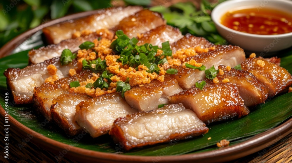 Sizzling Crispy Pork Belly with Garnish on Banana Leaf Presentation Sizzling Crispy Pork Belly with Garnish on Banana Leaf Presentation