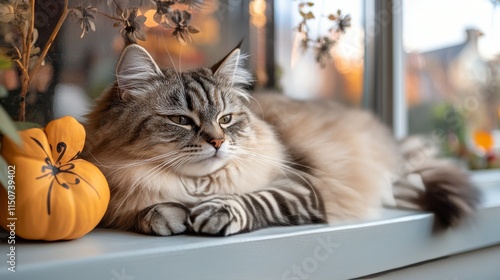 Cat resting peacefully on a windowsill near potted plants in a cozy indoor se...