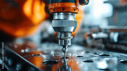 Precision metal cutting in a modern workshop with sparks flying during fabric...