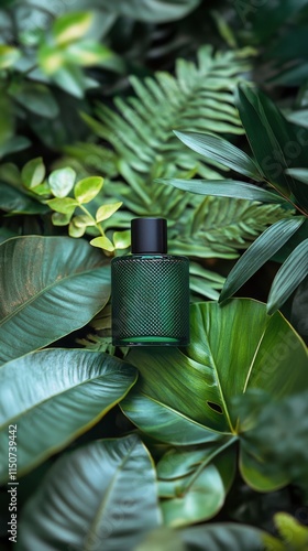 Elegant green perfume bottle surrounded by lush greenery in a tranquil outdoo...