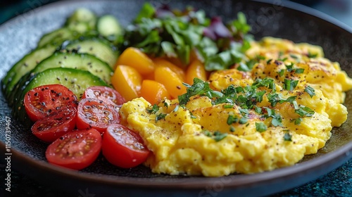 Colorful salad bowl with scrambled eggs, tomatoes, and greens presented on a ...