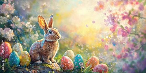 A fluffy bunny sits among painted eggs in a lively garden. Bright flowers blossom around, creating a cheerful atmosphere of springtime joy. Generative AI