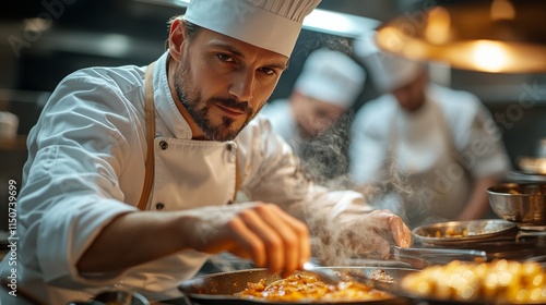 Chef preparing gourmet dish in busy restaurant kitchen during dinner service
