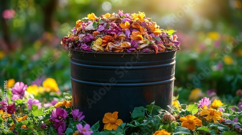 Colorful flower pot filled with organic mulch surrounded by vibrant blooms in...