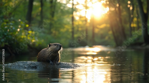 Beaver builds dam in autumn along tranquil riverbank surrounded by vibrant fo...