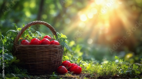 Vibrant basket of ripe tomatoes under warm sunlight in a lush garden