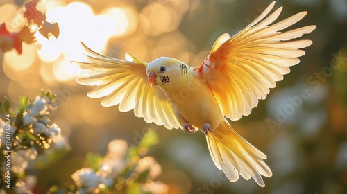 Sunlit room with bird flying among houseplants at dawn