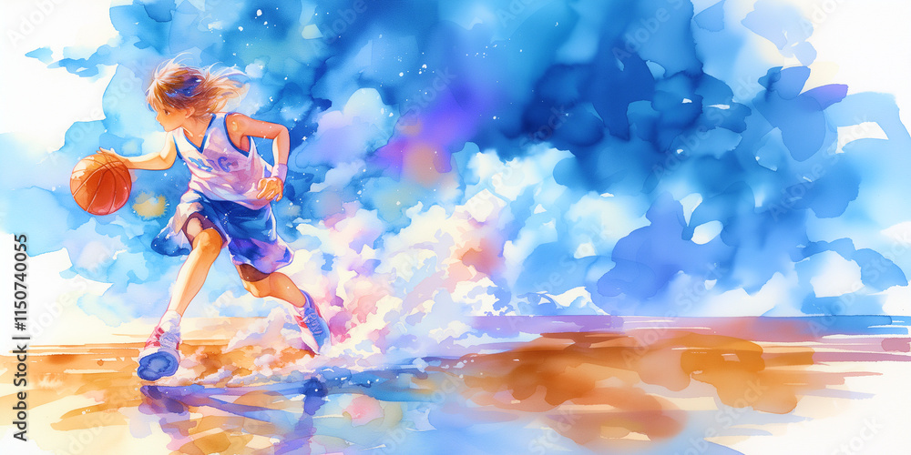 Obraz premium バスケットボール好きの少女。水彩画。イラスト。