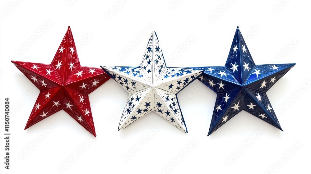 Obraz premium Three patriotic stars in red, white, and blue, isolated on white background.