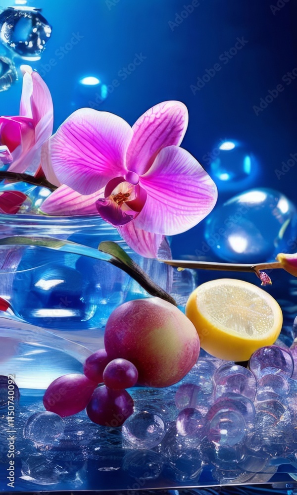 Fototapeta premium Vibrant composition featuring purple orchid, glass with ice cubes, yellow lemon, colorful spheres. Modern, fresh aesthetic ideal for beverage, wellness, floral themes. Bright, enticing colors.