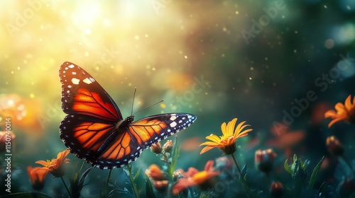 Monarch butterfly feeding on orange blossoms in a vibrant garden during sprin...