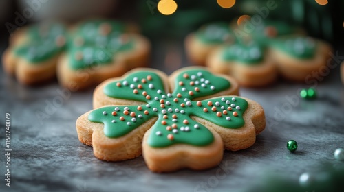 Delicious green shamrock cookies decorated with sprinkles for festive celebrations photo