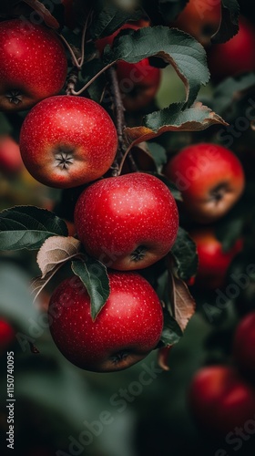 Fresh red apples hanging from a tree in an orchard during autumn harvest season