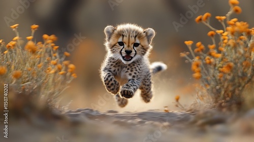 Cheetah cub plays joyfully among vibrant wildflowers in golden hour light